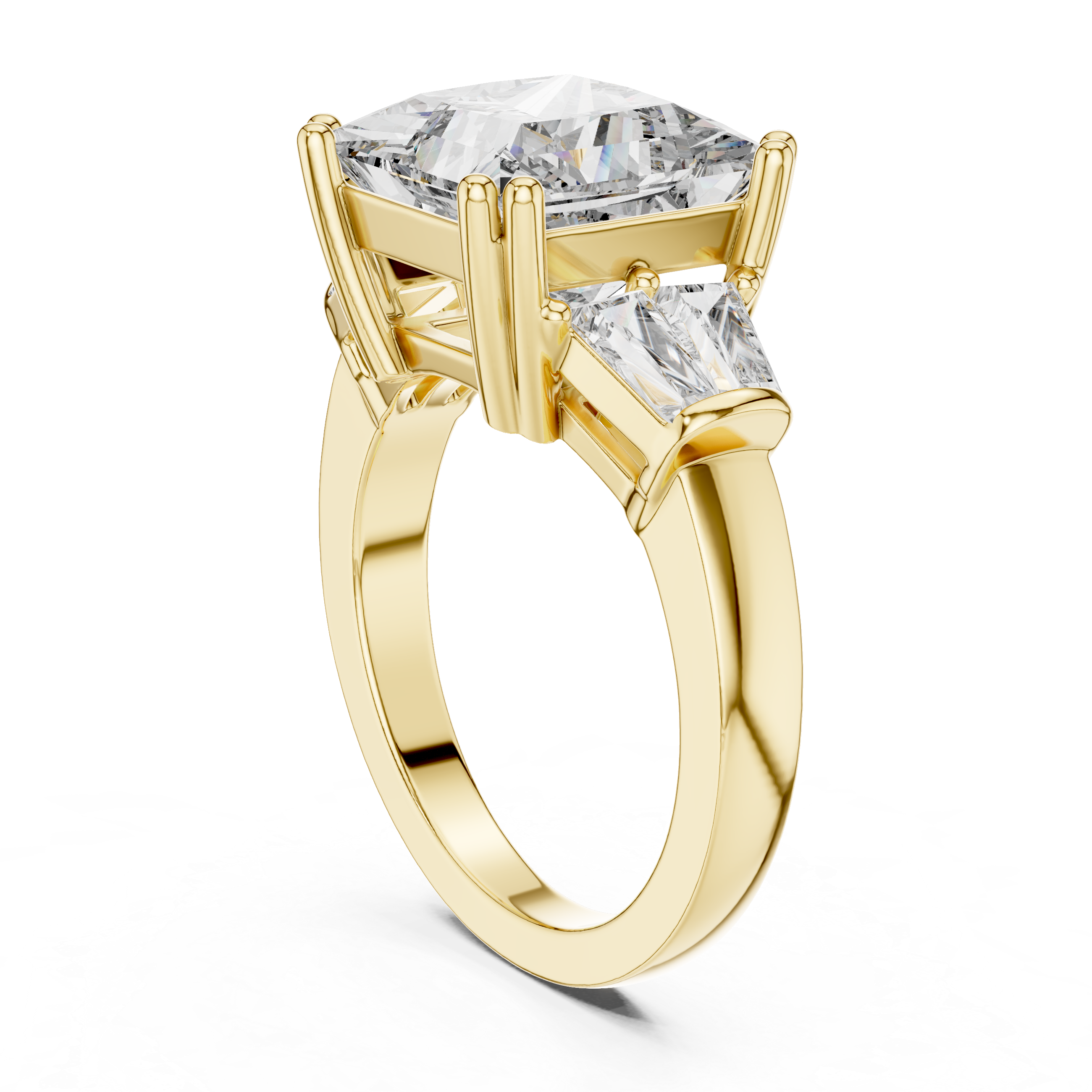 Gold ring with two clear gemstones on a white background